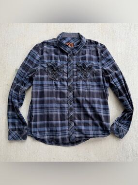 Rock Revival Shirt Men Size XL Plaid Button Up Stretch Goth Biker